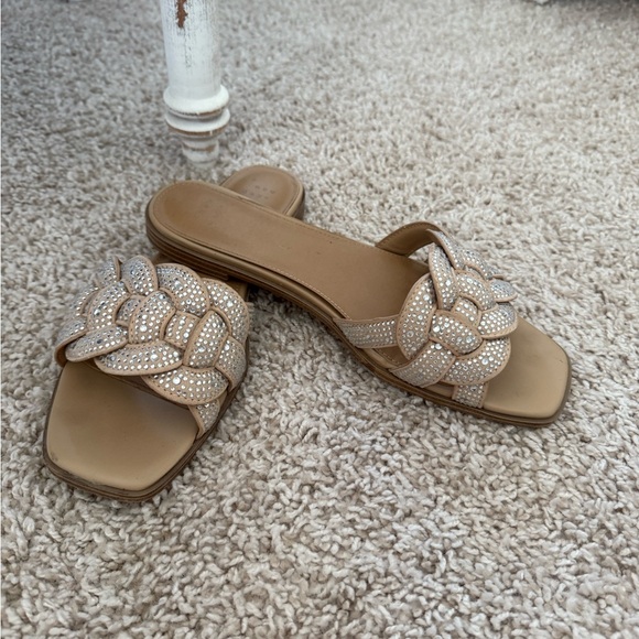 Elegant Tan Slide Sandals with Rhinestone Accents - Picture 2 of 7